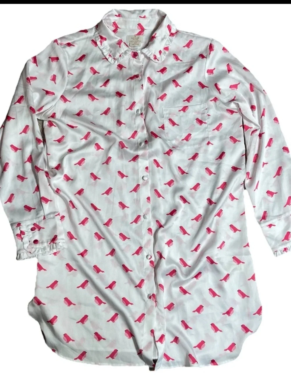 kate spade White Button-Up Nightshirt Dress with Pink Bird Print